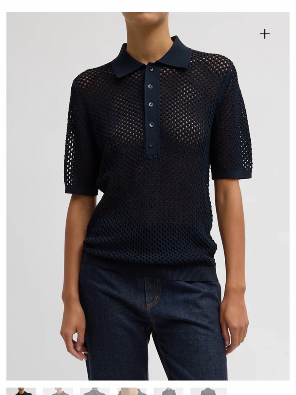 Tibi Navy Open-Knit Polo Top